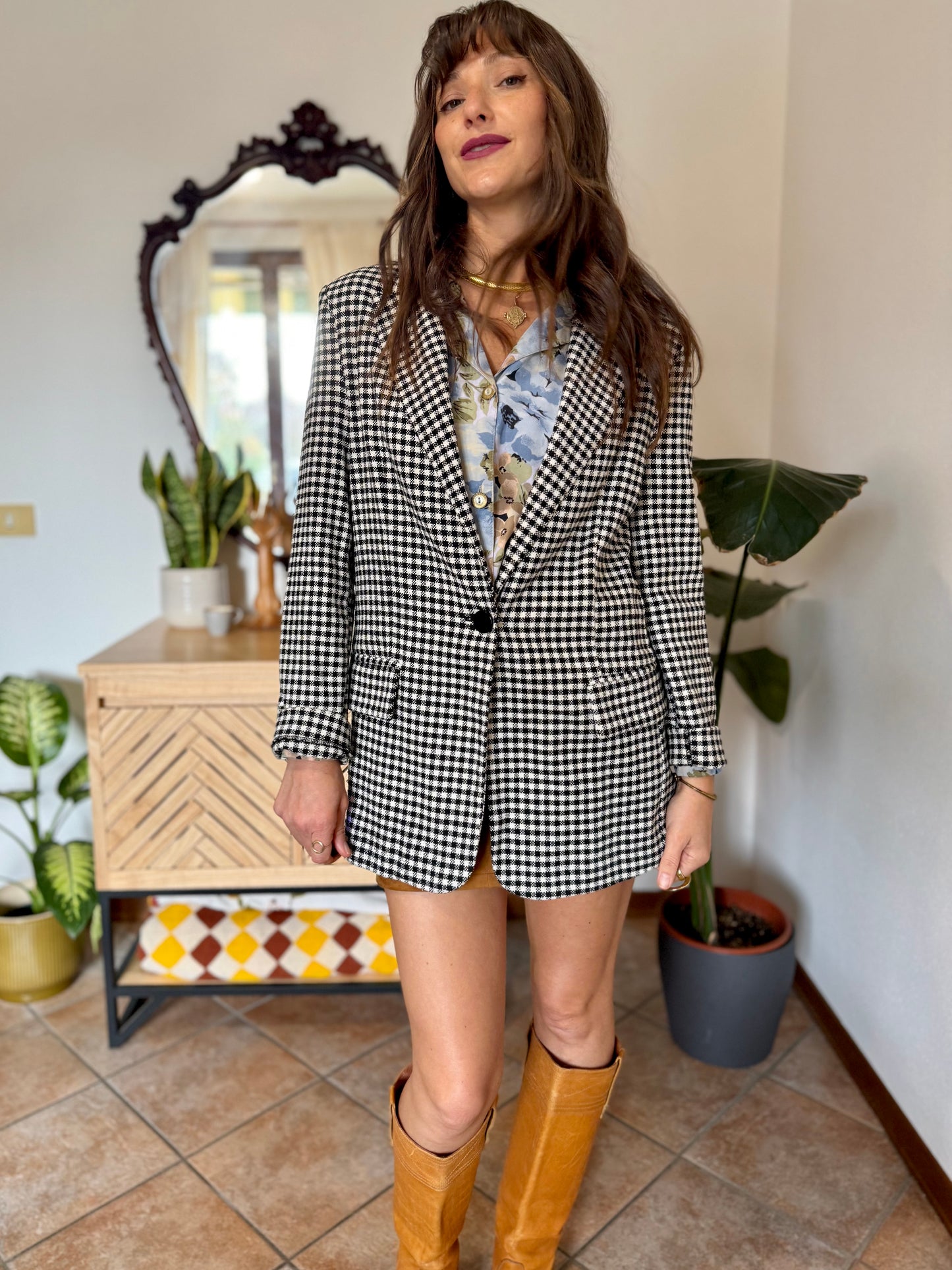 Black and white thick woven cotton plaid blazer