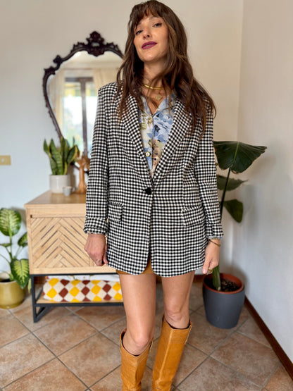 Black and white thick woven cotton plaid blazer