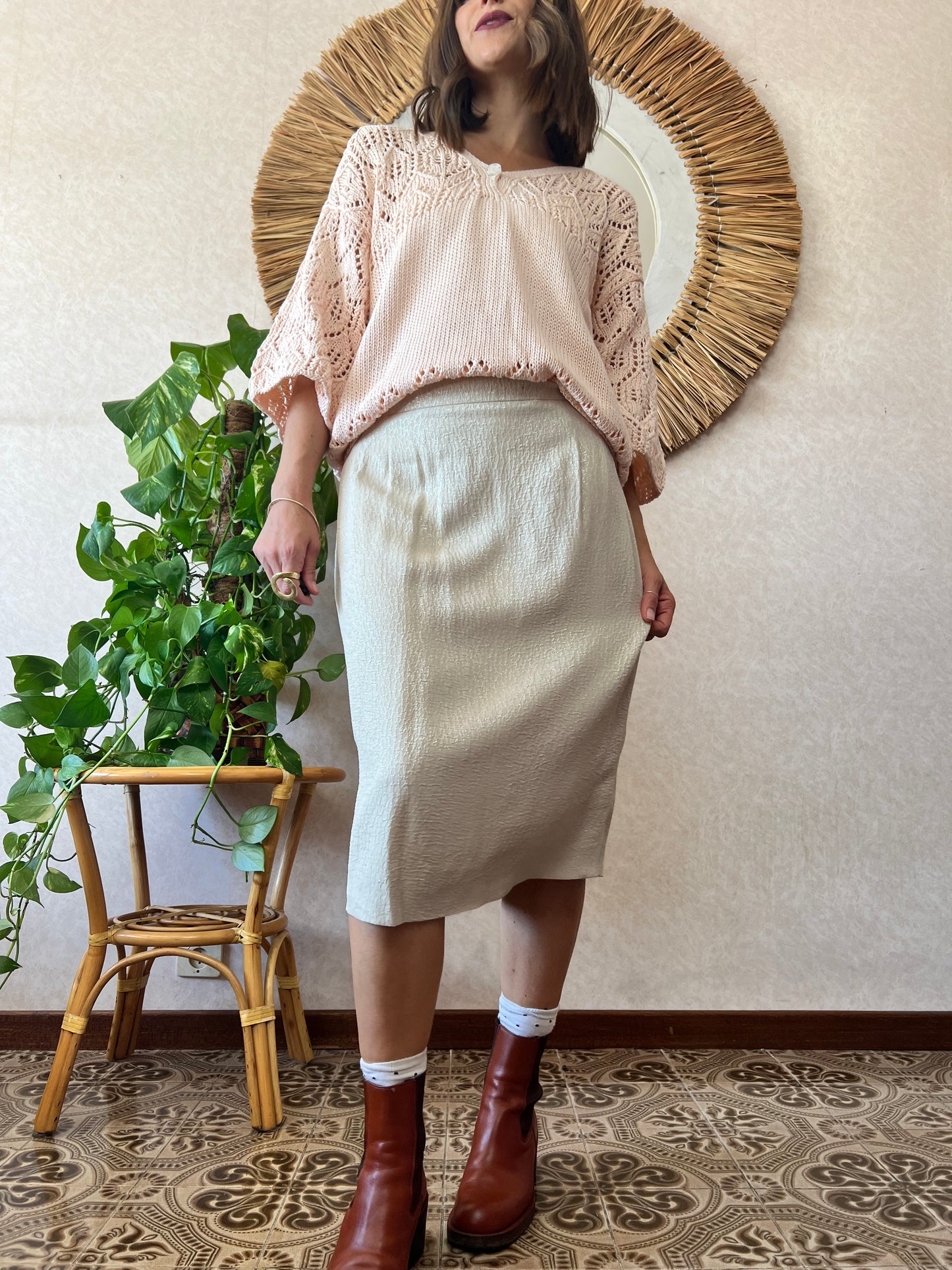 1960's vintage cream textured midi skirt with silver thread