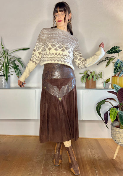 1970's vintage chocolate brown leather western midi skirt with fringe details