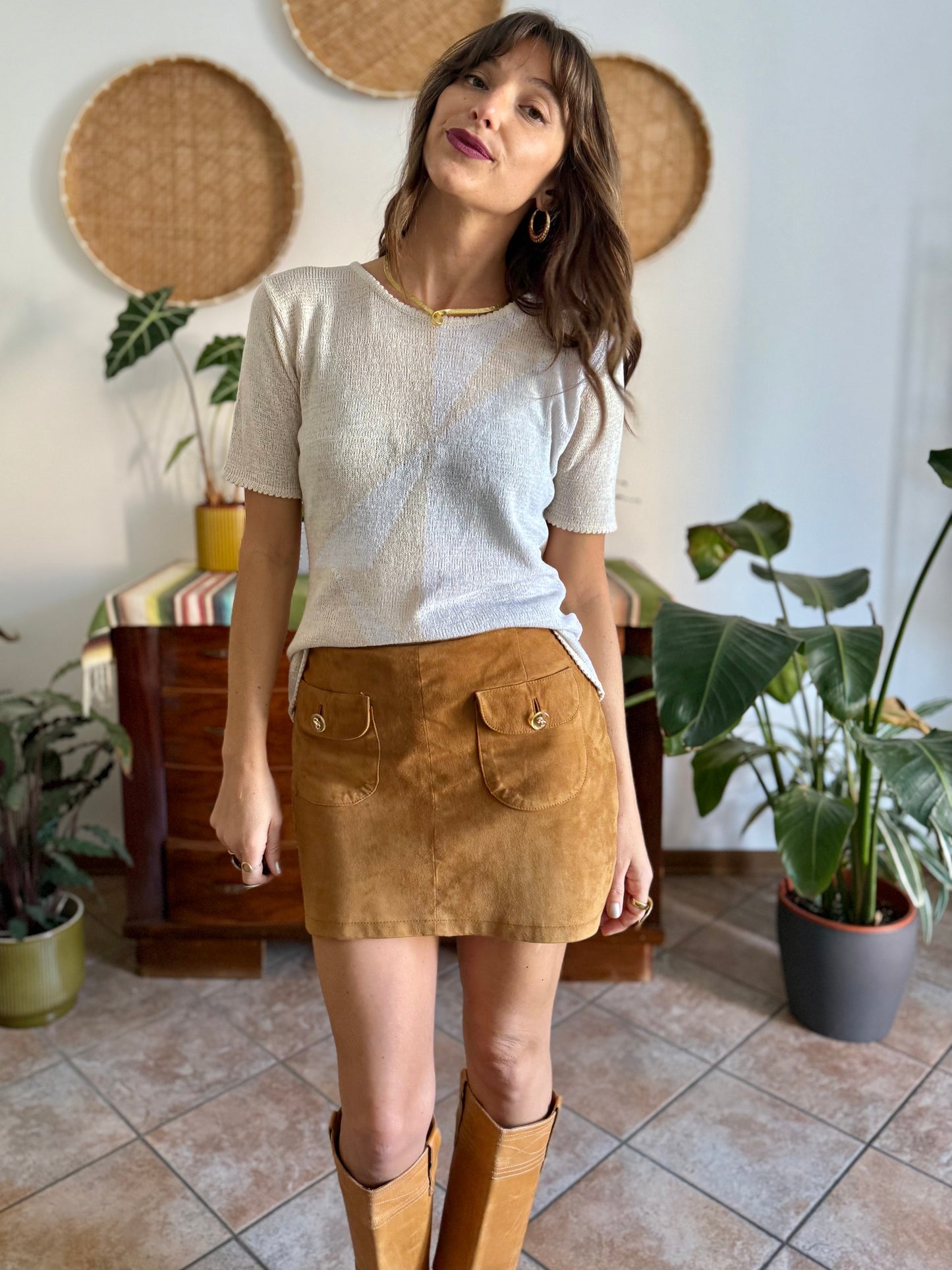 1980's vintage cream and beige geometric pattern knit top