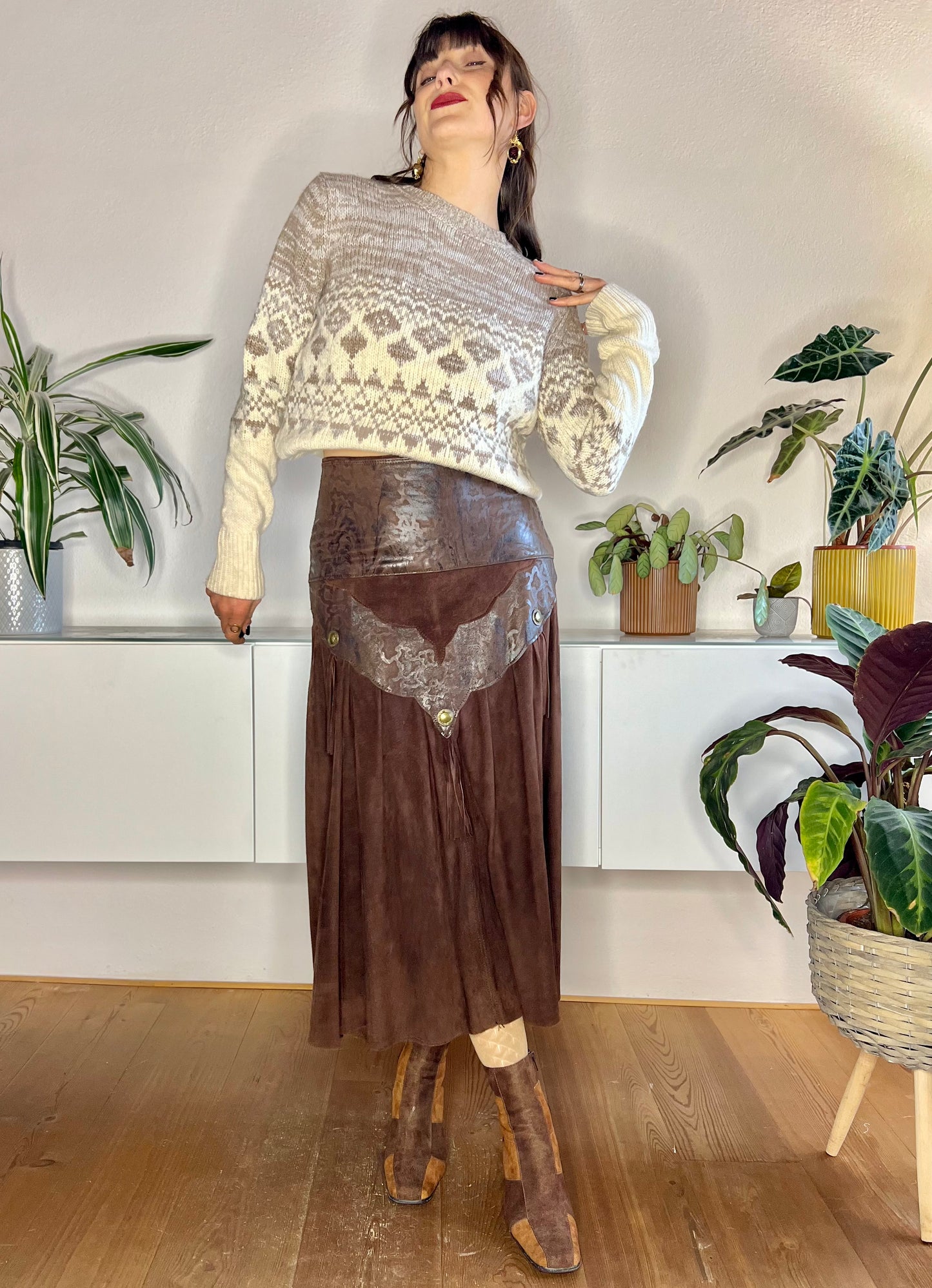 1970's vintage chocolate brown leather western midi skirt with fringe details