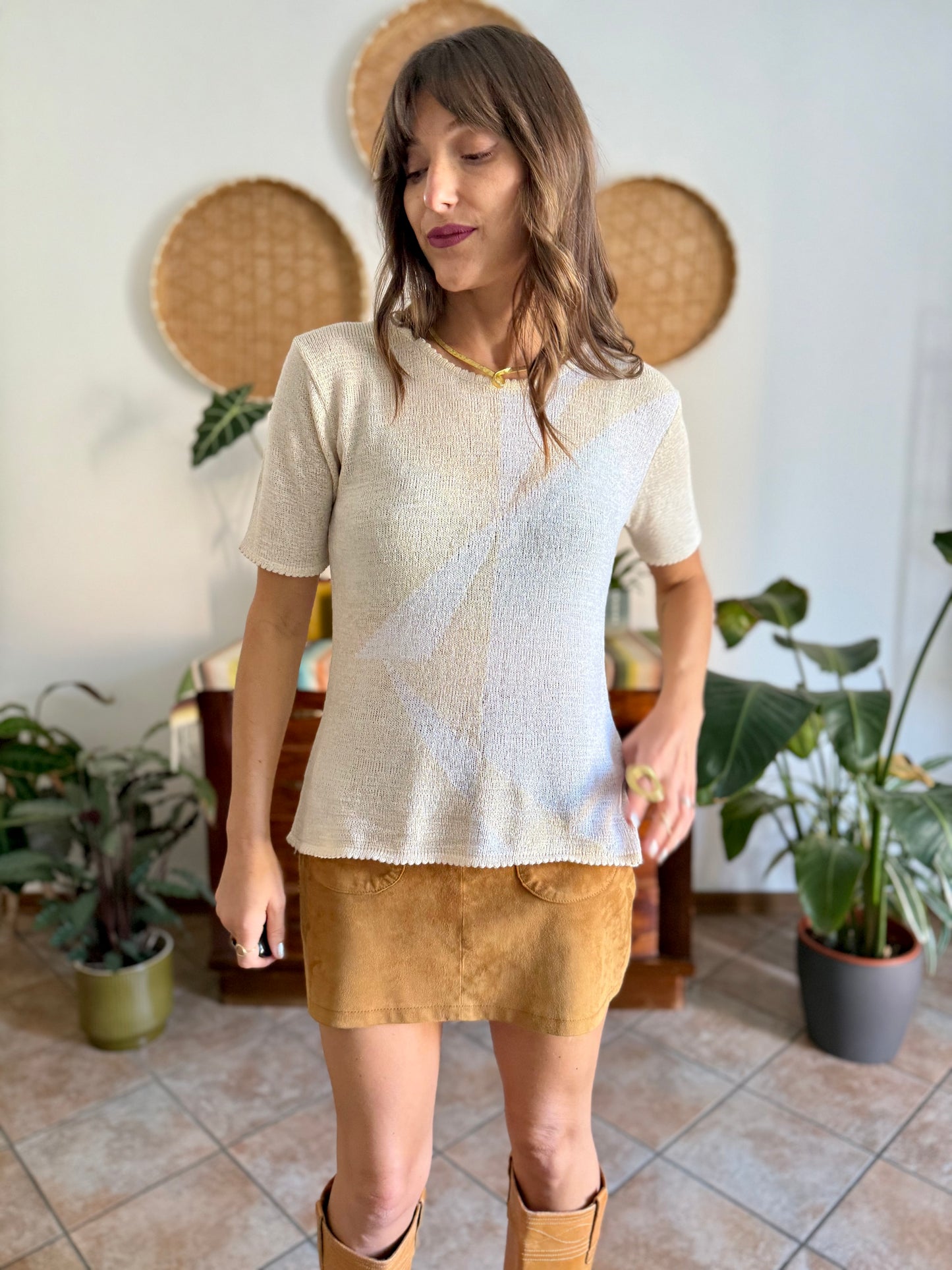 1980's vintage cream and beige geometric pattern knit top