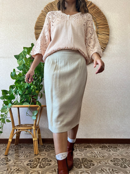 1960's vintage cream textured midi skirt with silver thread