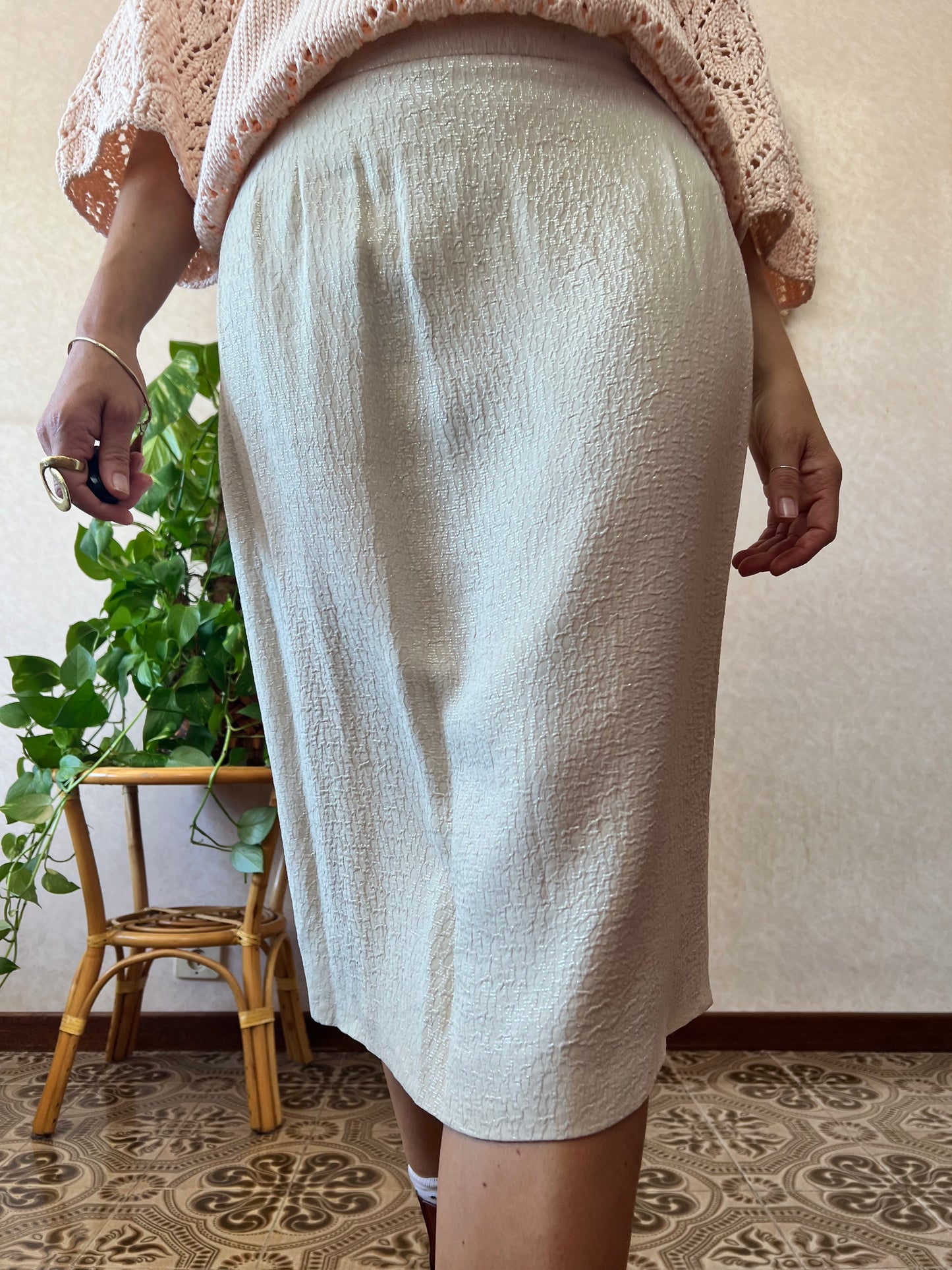 1960's vintage cream textured midi skirt with silver thread