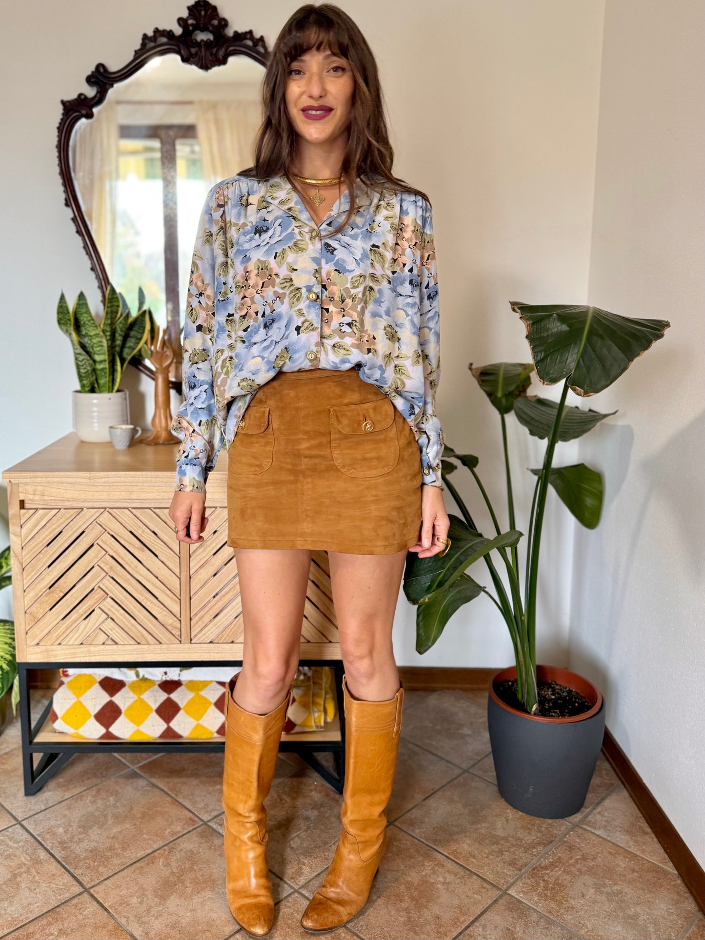 1970's vintage light blue and pink floral blouse