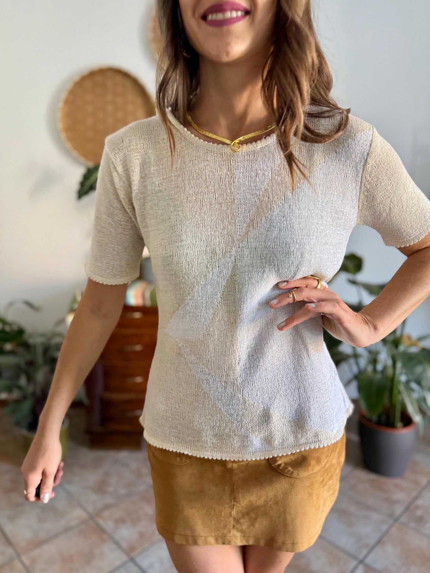 1980's vintage cream and beige geometric pattern knit top