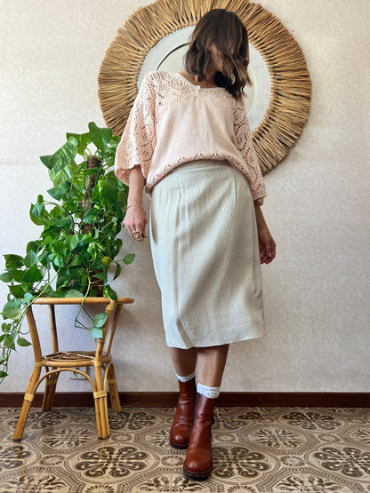 1960's vintage cream textured midi skirt with silver thread