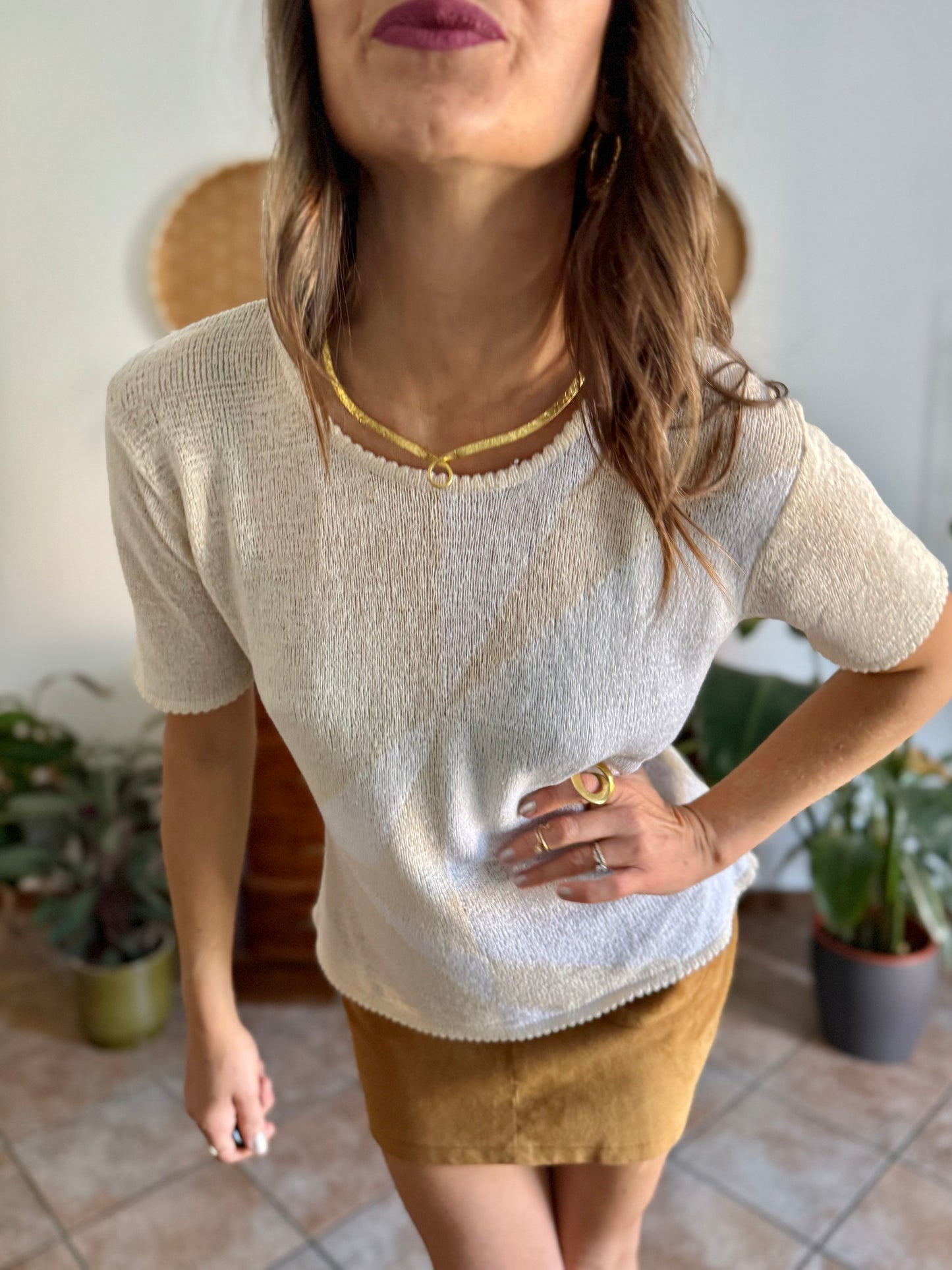 1980's vintage cream and beige geometric pattern knit top