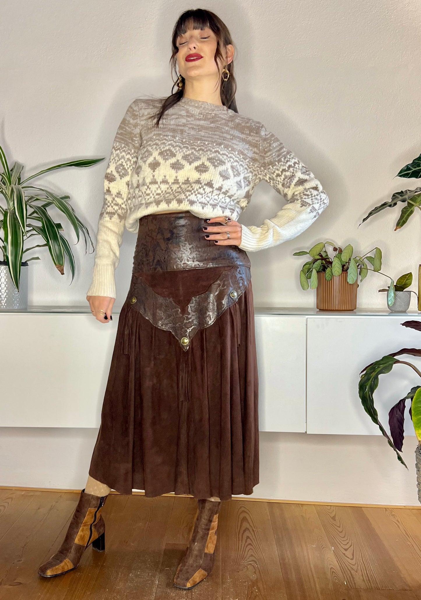 1970's vintage chocolate brown leather western midi skirt with fringe details