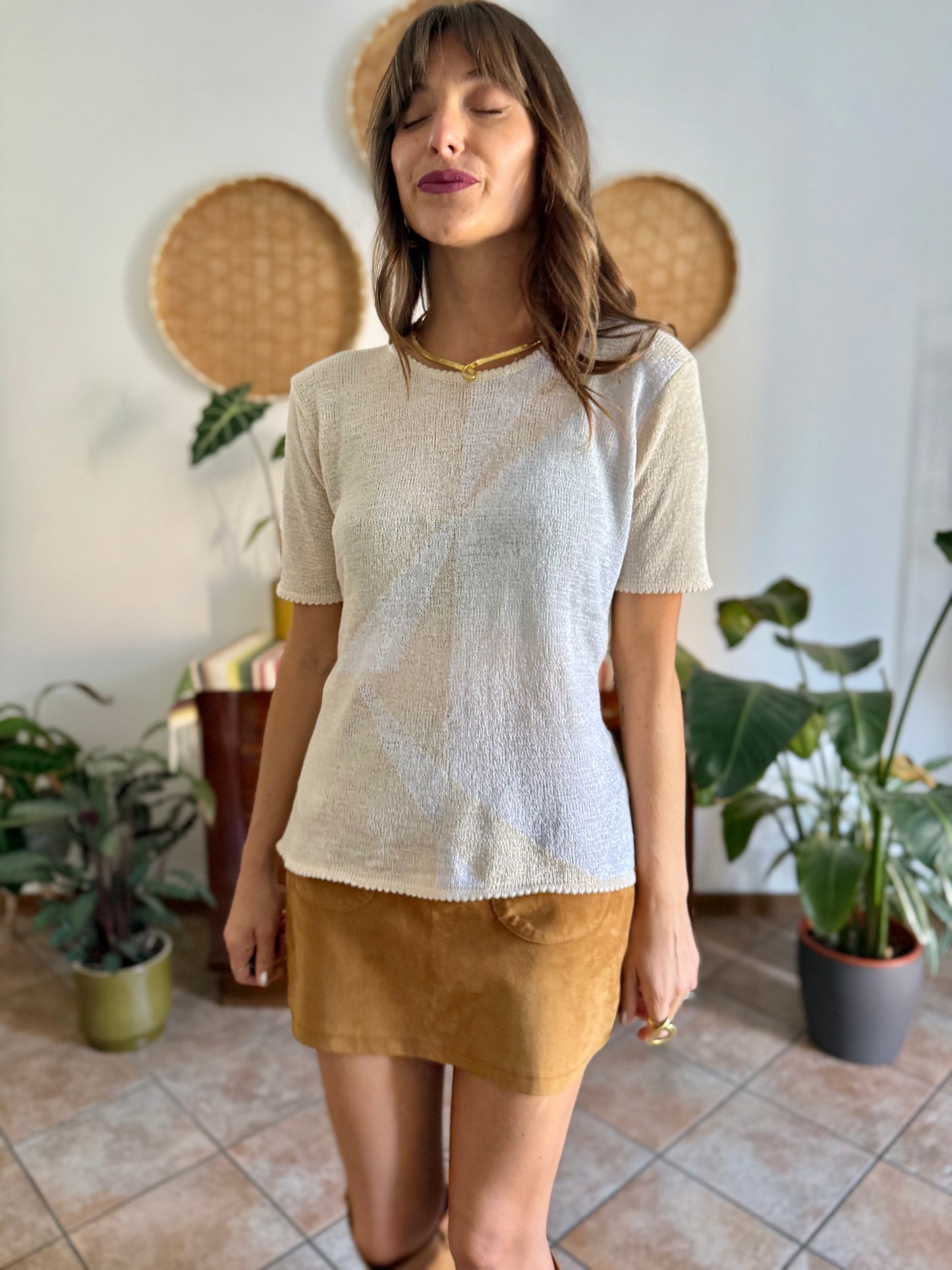 1980's vintage cream and beige geometric pattern knit top