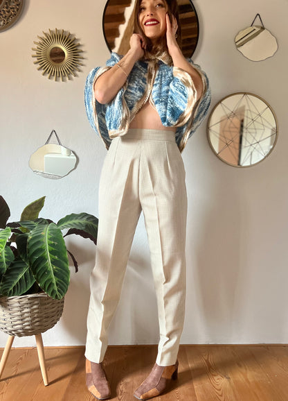 1970's vintage high waisted cream and beige wool gingham trousers