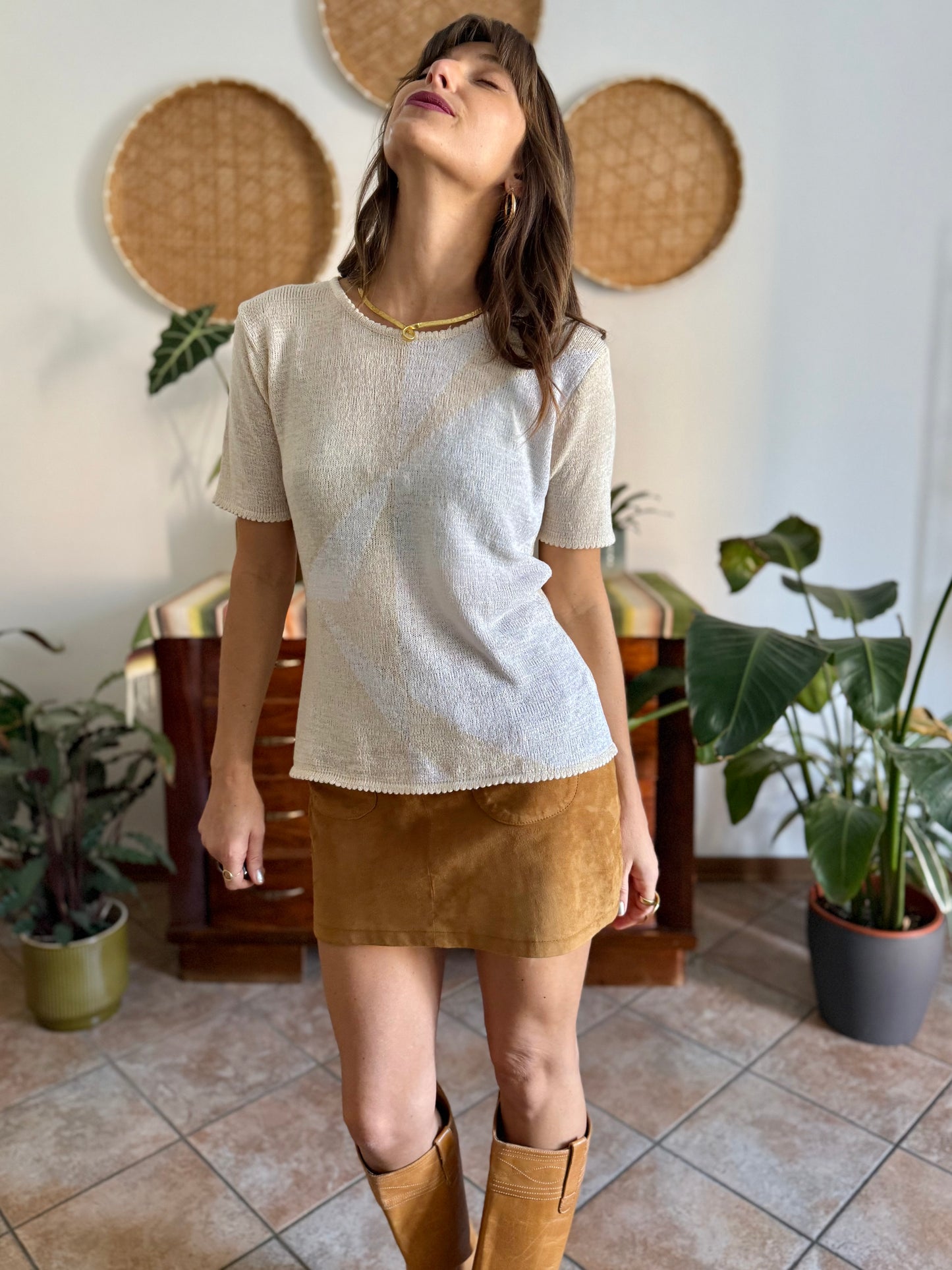 1980's vintage cream and beige geometric pattern knit top