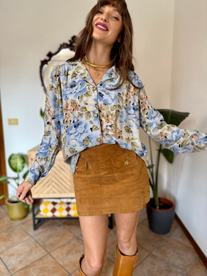 1970's vintage light blue and pink floral blouse