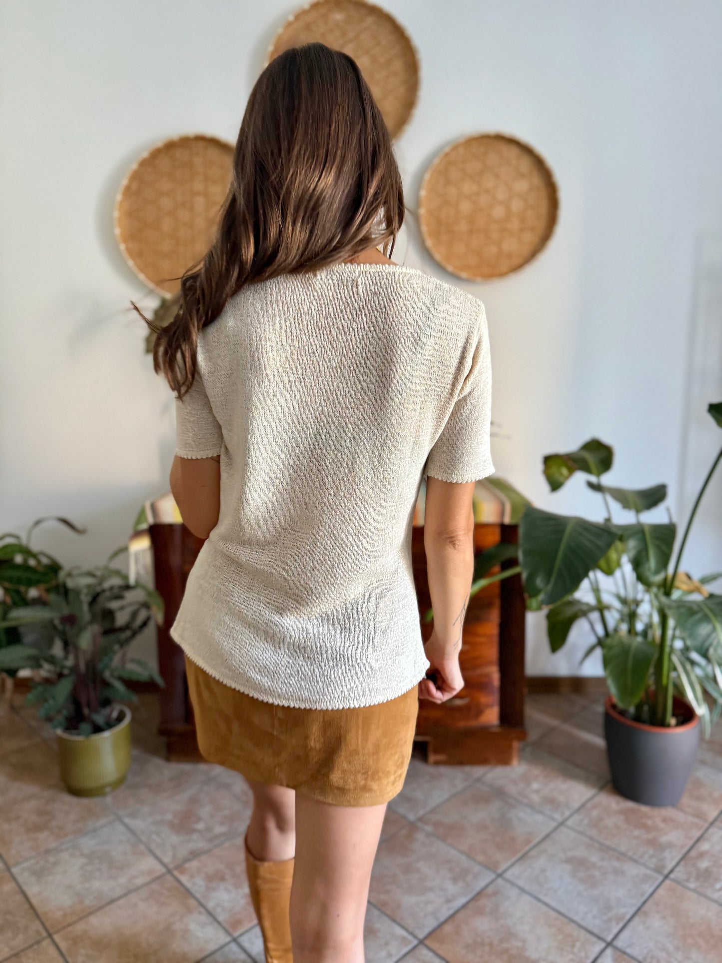 1980's vintage cream and beige geometric pattern knit top