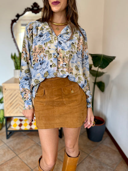 1970's vintage light blue and pink floral blouse