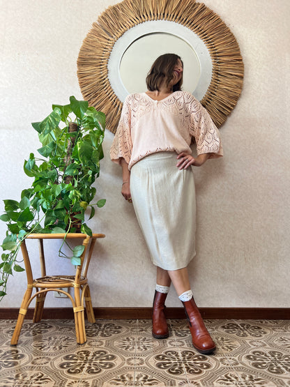 1960's vintage cream textured midi skirt with silver thread