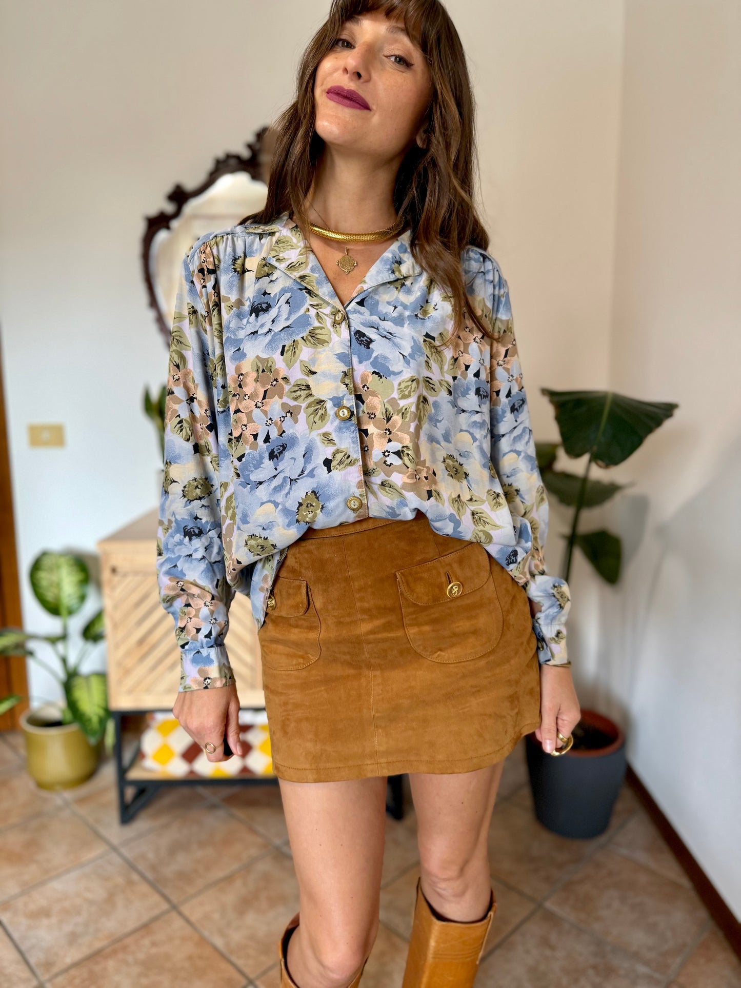 1970's vintage light blue and pink floral blouse