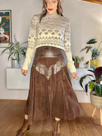 1970's vintage chocolate brown leather western midi skirt with fringe details