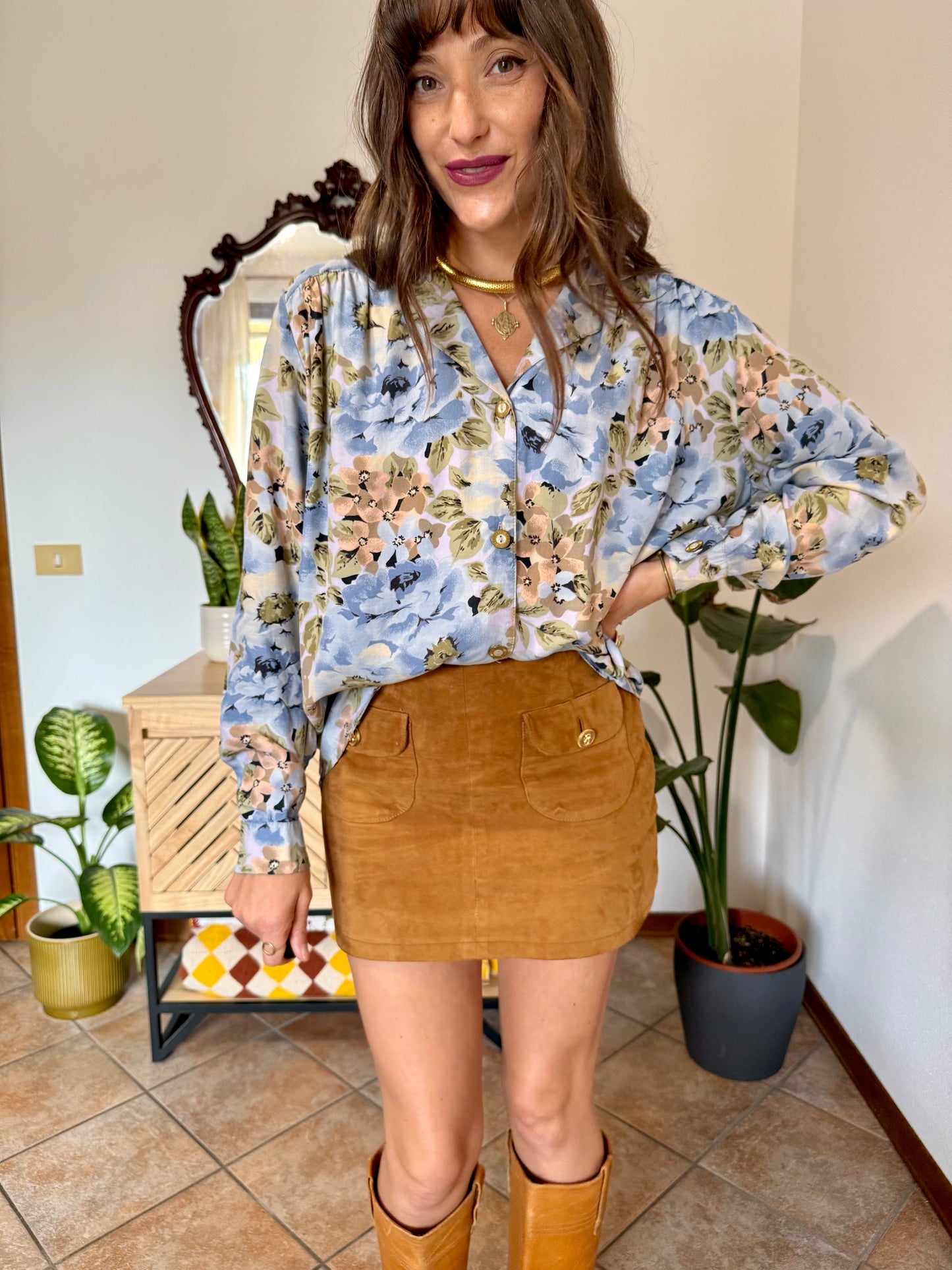 1970's vintage light blue and pink floral blouse