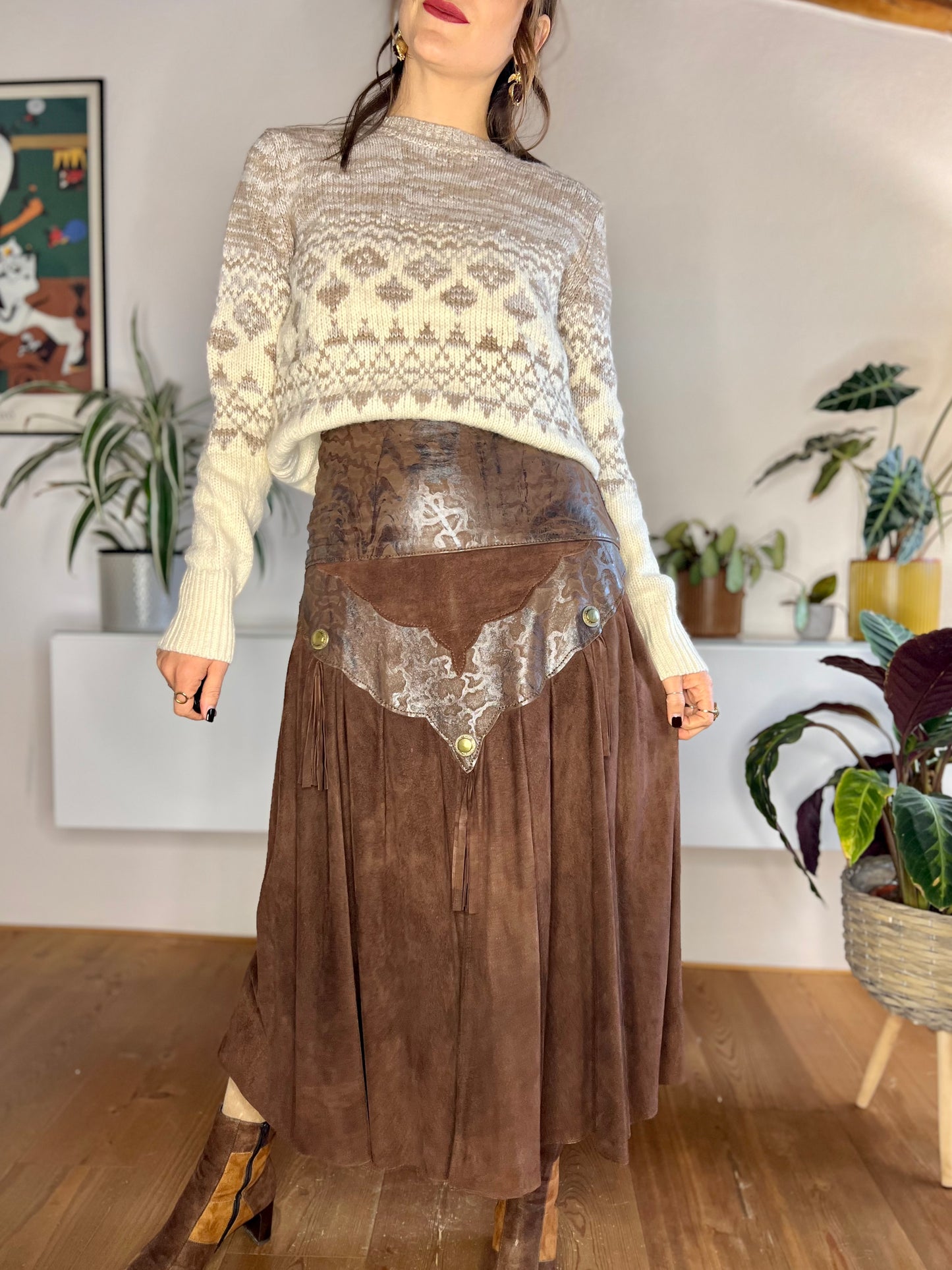 1970's vintage chocolate brown leather western midi skirt with fringe details