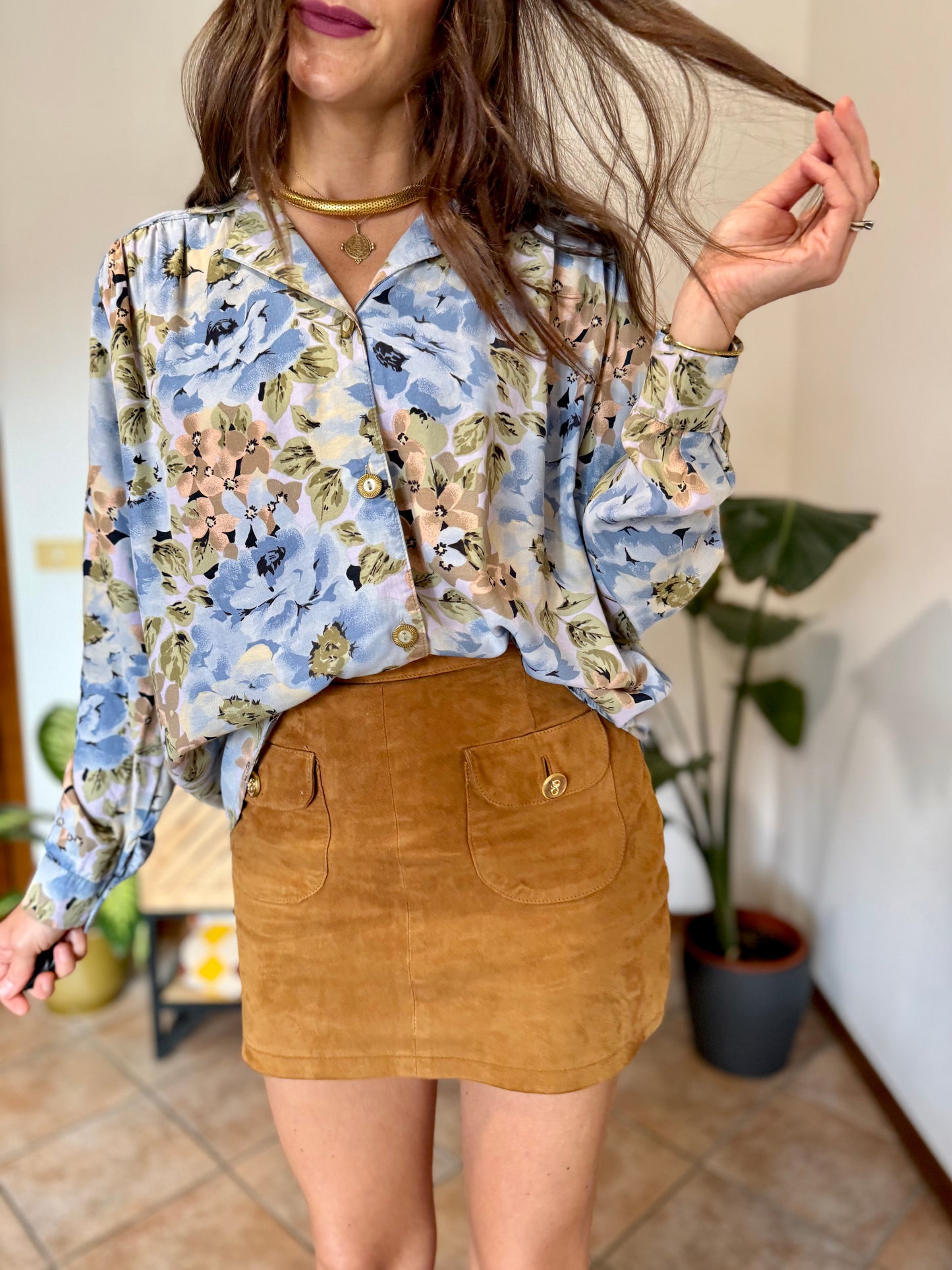 1970's vintage light blue and pink floral blouse