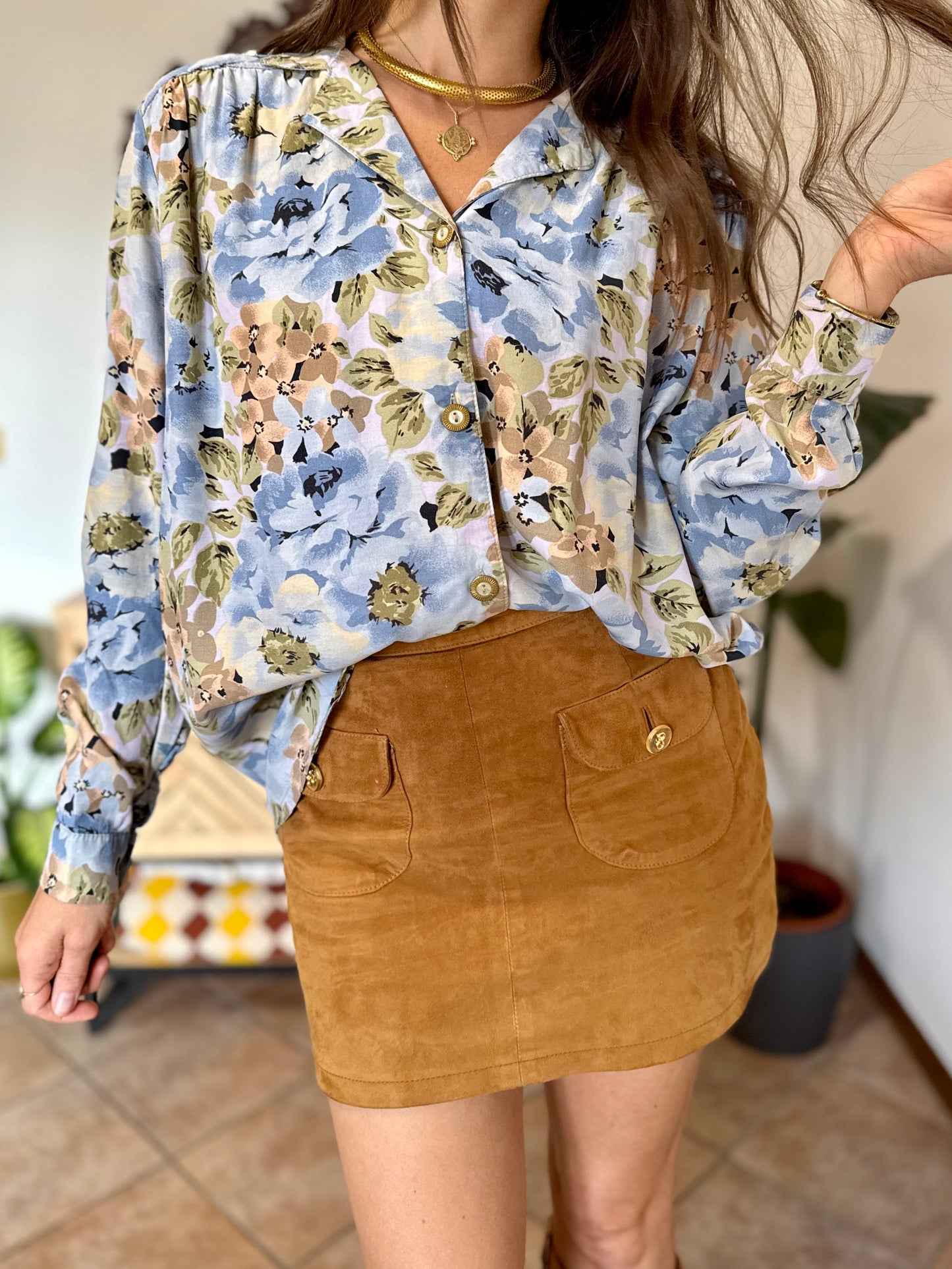 1970's vintage light blue and pink floral blouse