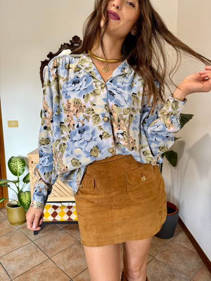 1970's vintage light blue and pink floral blouse