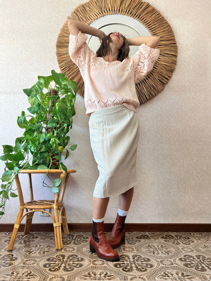 1960's vintage cream textured midi skirt with silver thread