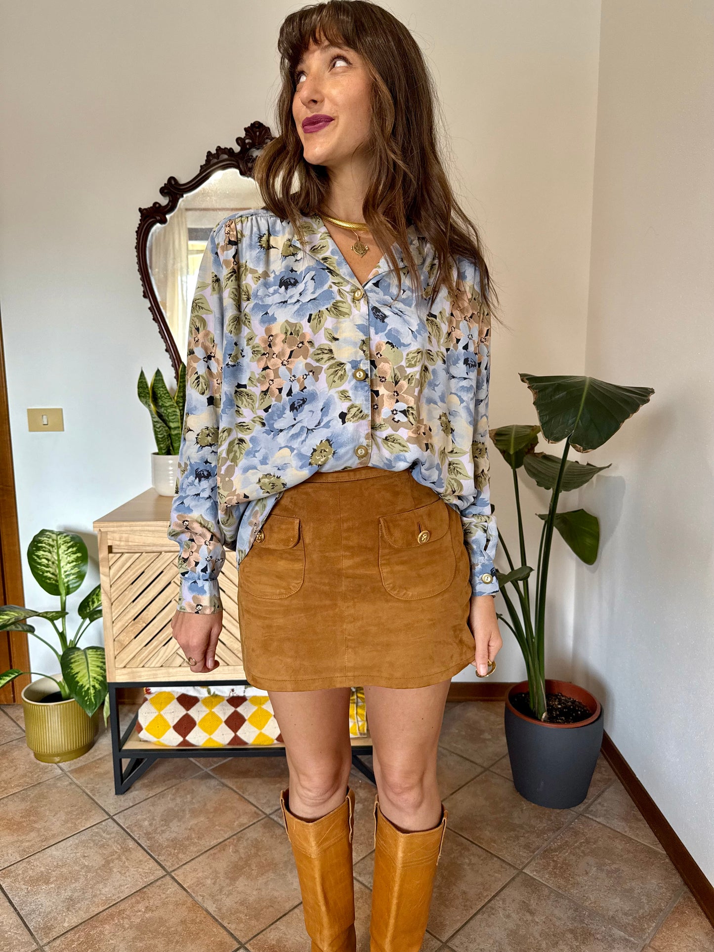 1970's vintage light blue and pink floral blouse