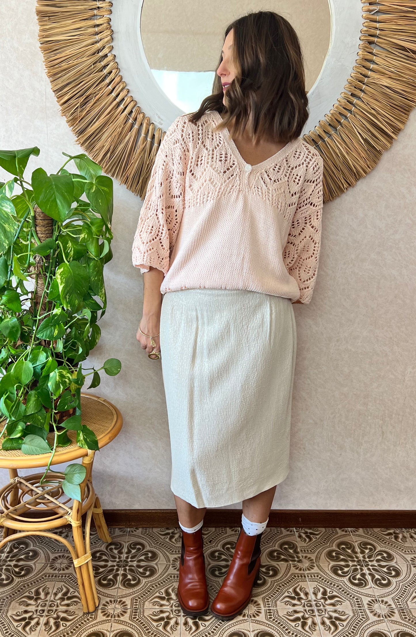 1960's vintage cream textured midi skirt with silver thread