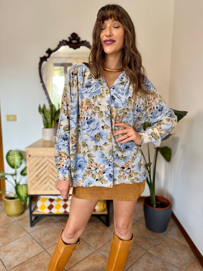 1970's vintage light blue and pink floral blouse