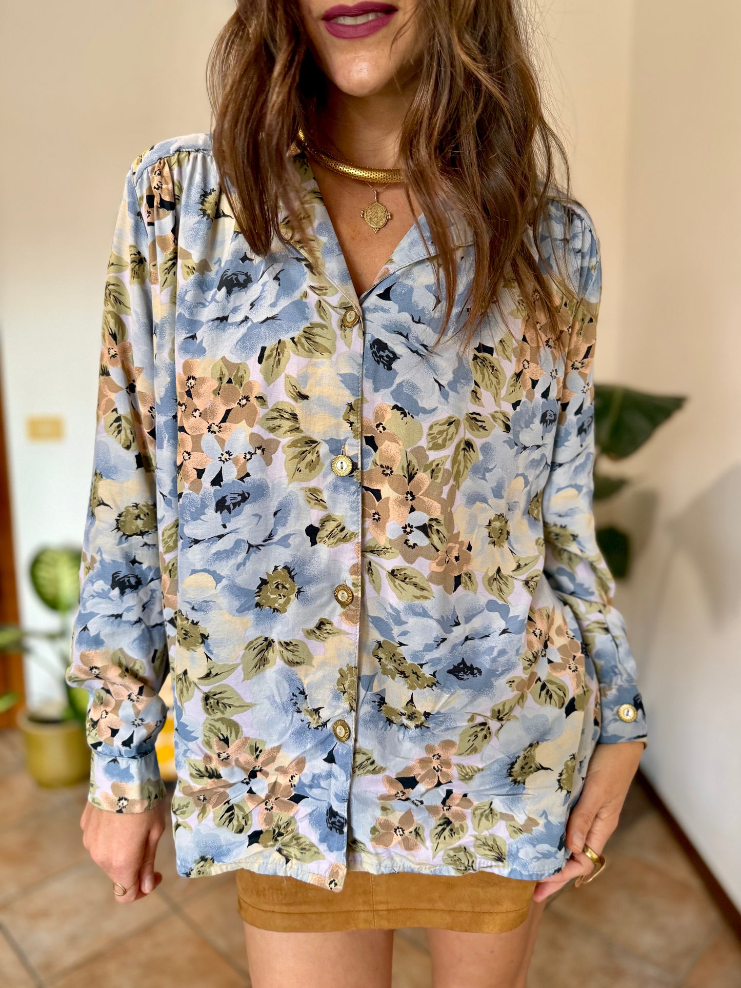 1970's vintage light blue and pink floral blouse