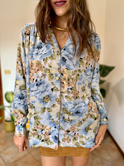 1970's vintage light blue and pink floral blouse