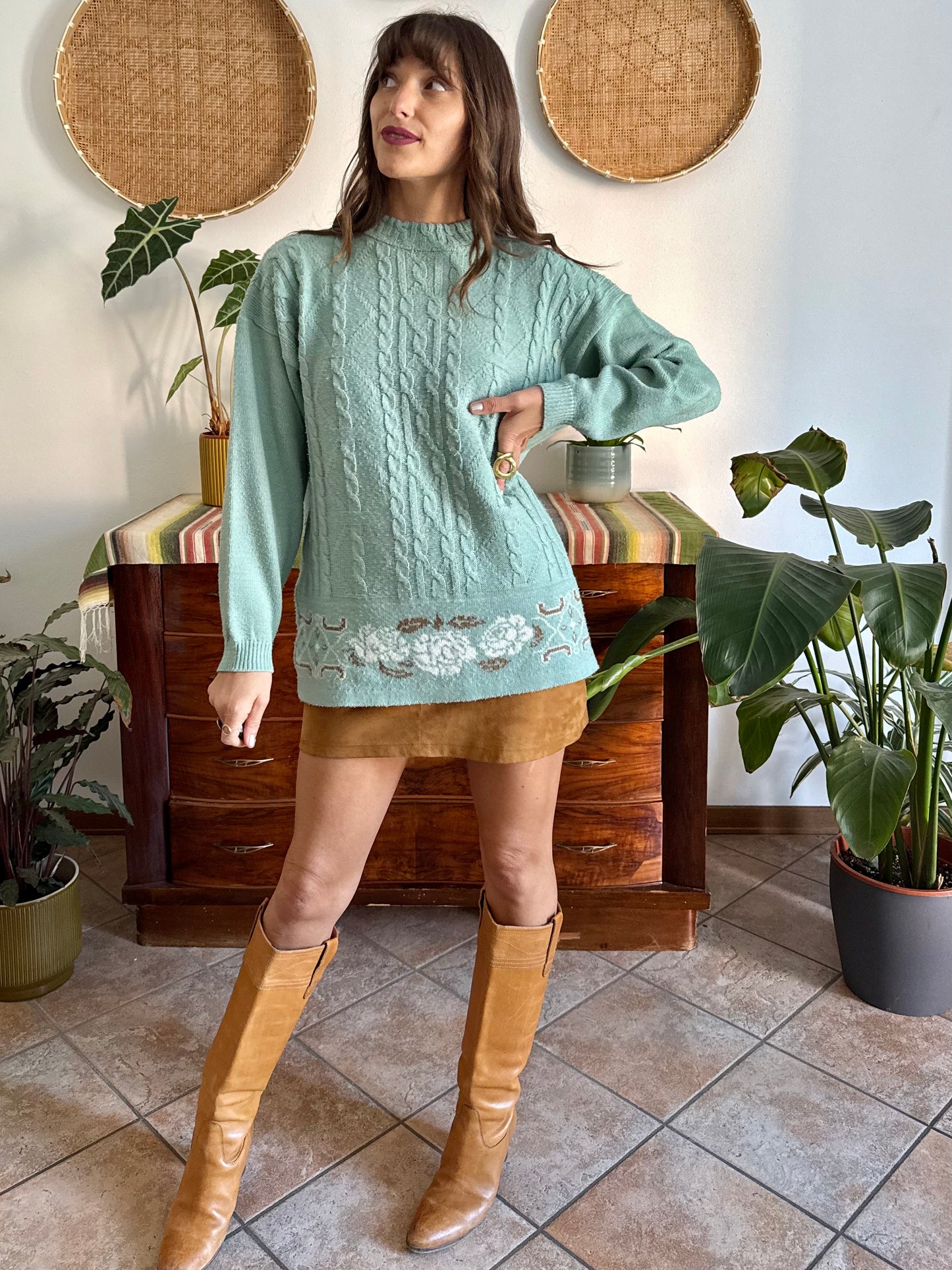 1980's vintage wool turquoise knit pullover with tan floral pattern