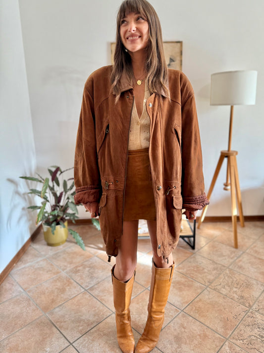 1970's vintage unisex brown suede coat with quilted and fleece patterned lining