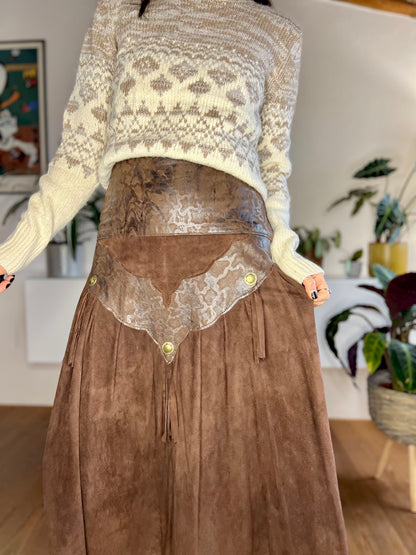 1970's vintage chocolate brown leather western midi skirt with fringe details