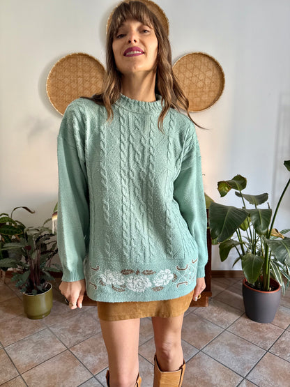 1980's vintage wool turquoise knit pullover with tan floral pattern