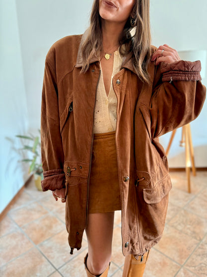 1970's vintage unisex brown suede coat with quilted and fleece patterned lining