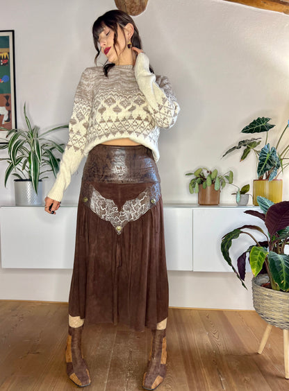 1970's vintage chocolate brown leather western midi skirt with fringe details