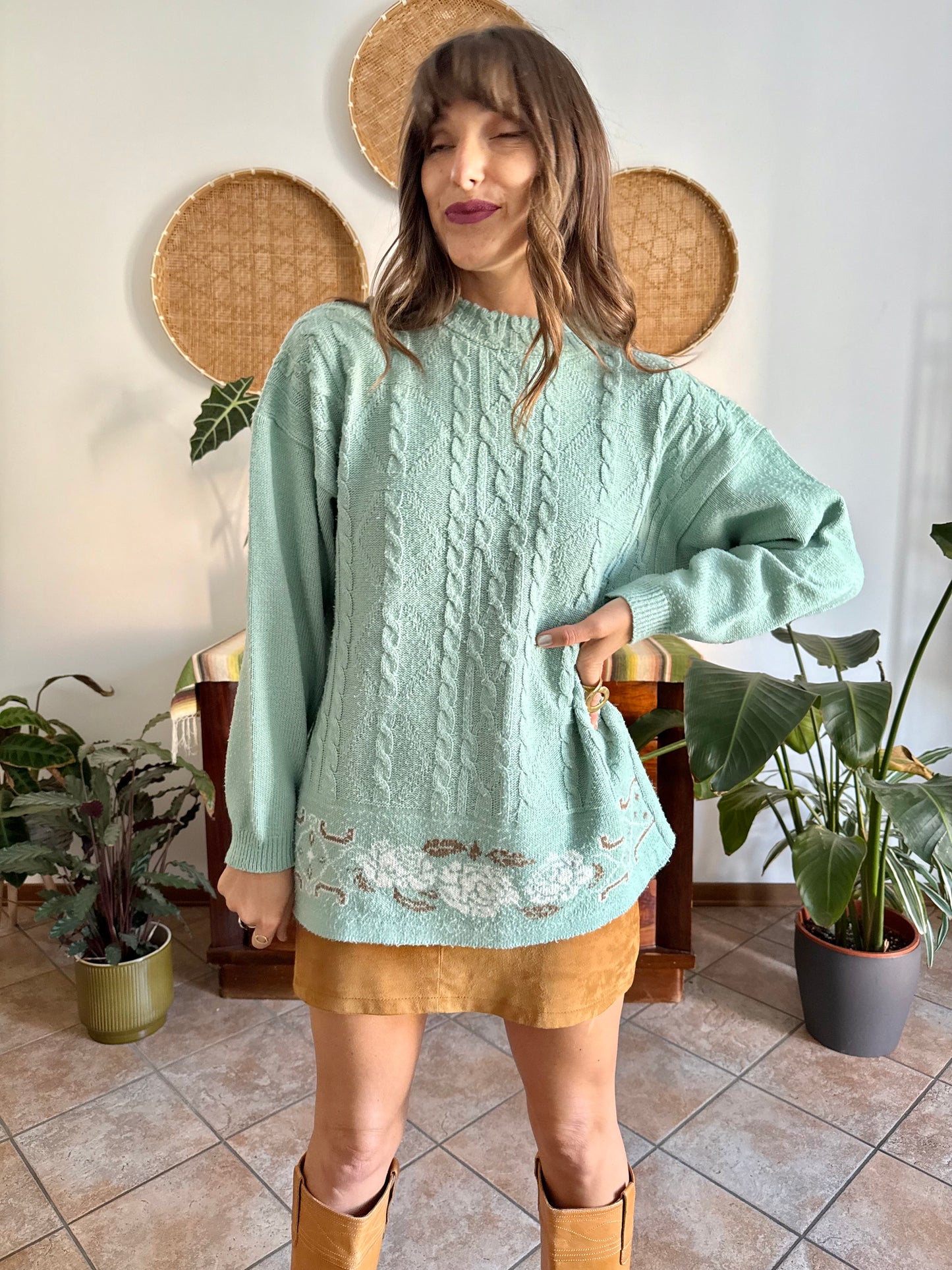 1980's vintage wool turquoise knit pullover with tan floral pattern