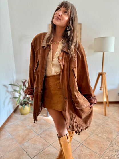 1970's vintage unisex brown suede coat with quilted and fleece patterned lining