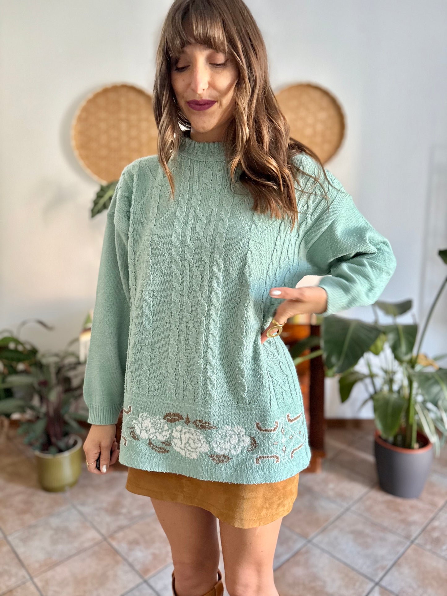 1980's vintage wool turquoise knit pullover with tan floral pattern