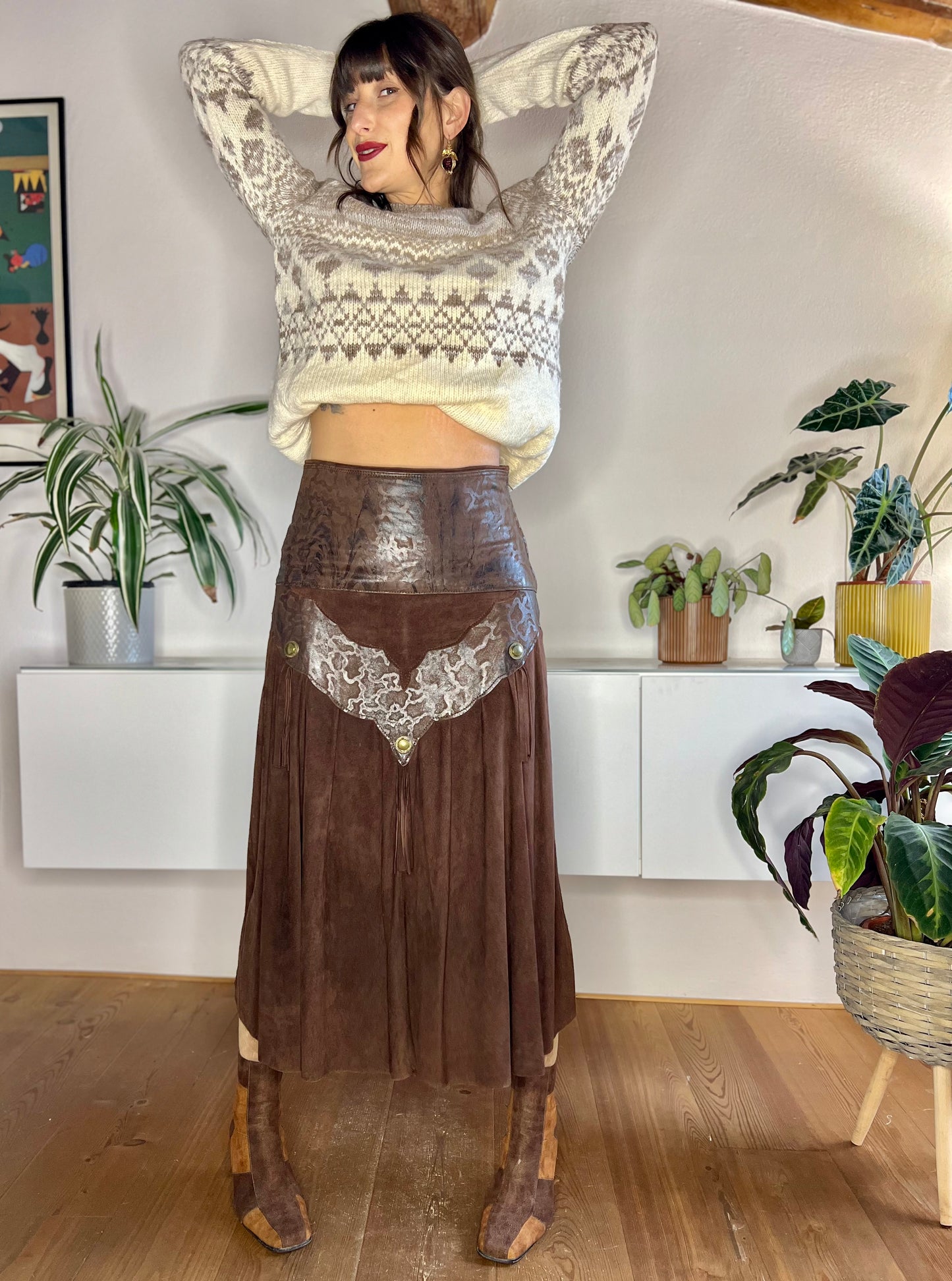 1970's vintage chocolate brown leather western midi skirt with fringe details