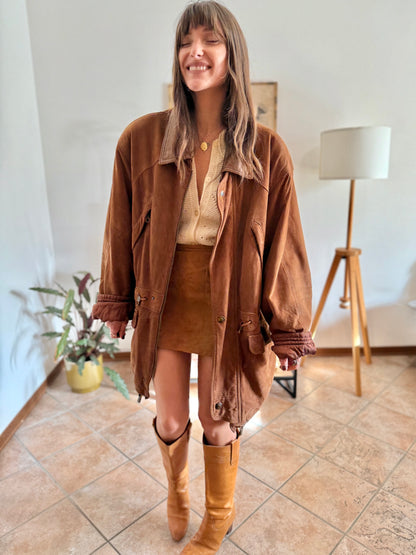 1970's vintage unisex brown suede coat with quilted and fleece patterned lining