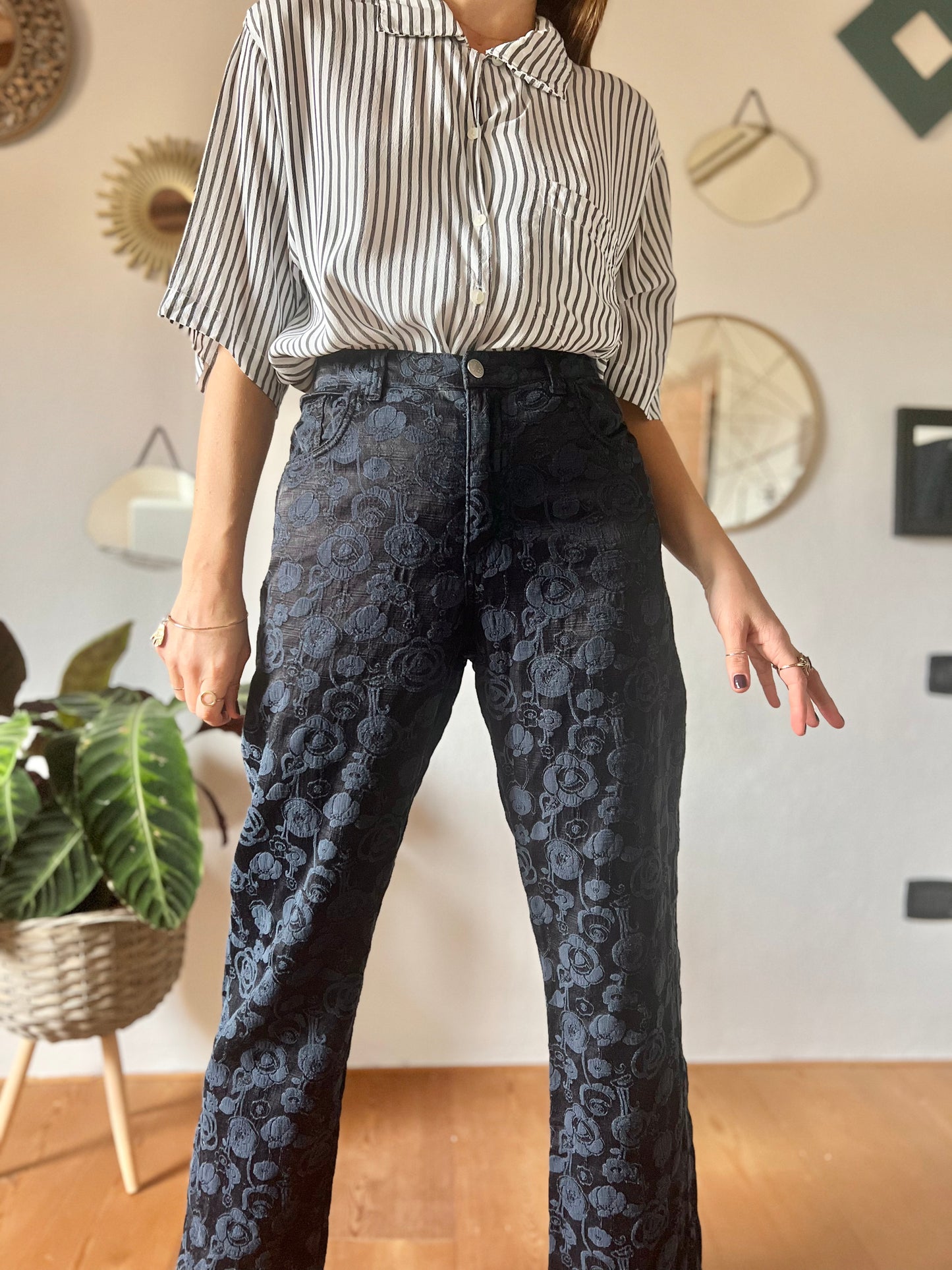 1990's vintage Navy blue textured floral flare leg jeans