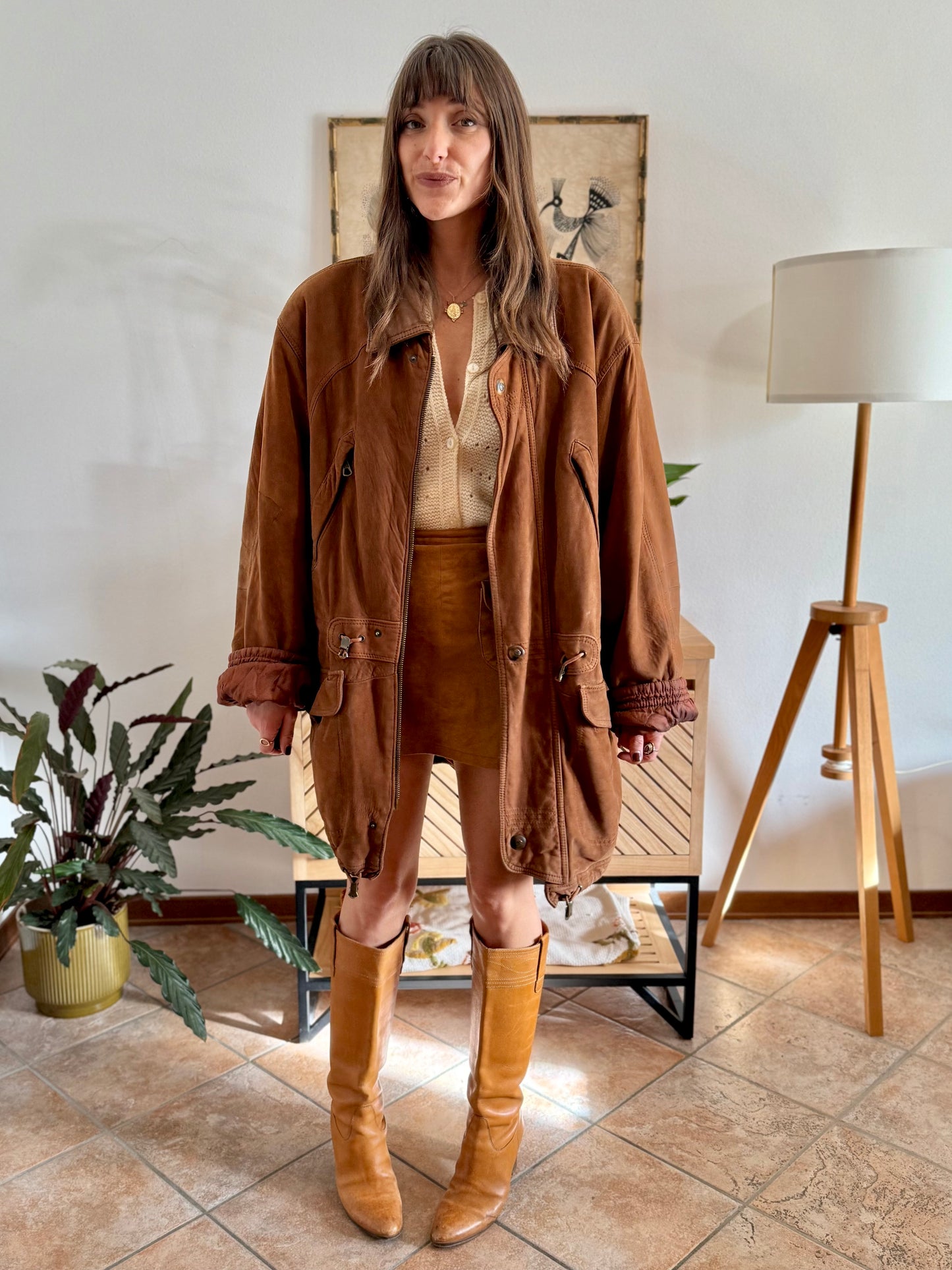 1970's vintage unisex brown suede coat with quilted and fleece patterned lining