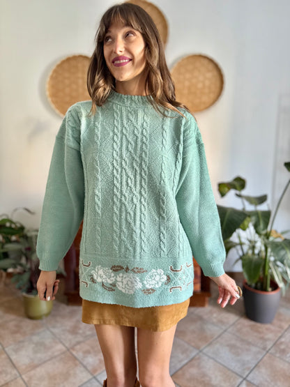 1980's vintage wool turquoise knit pullover with tan floral pattern