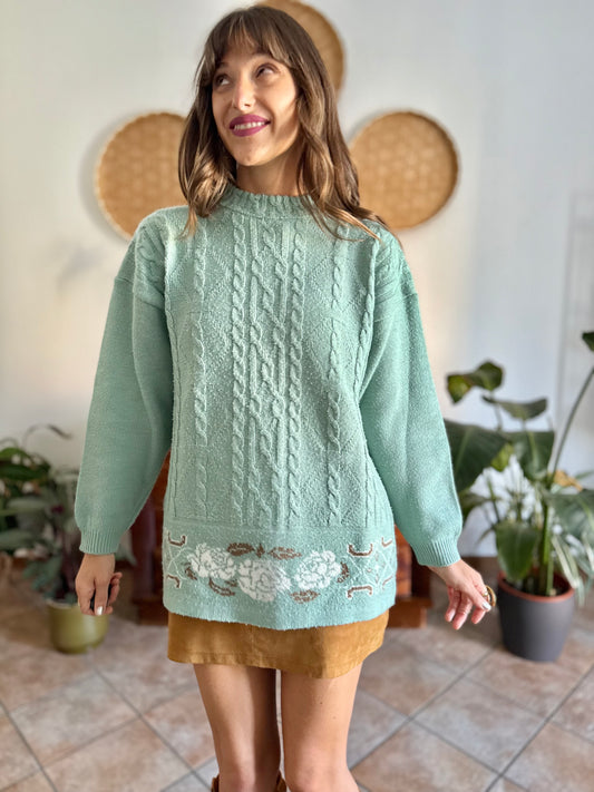 1980's vintage wool turquoise knit pullover with tan floral pattern