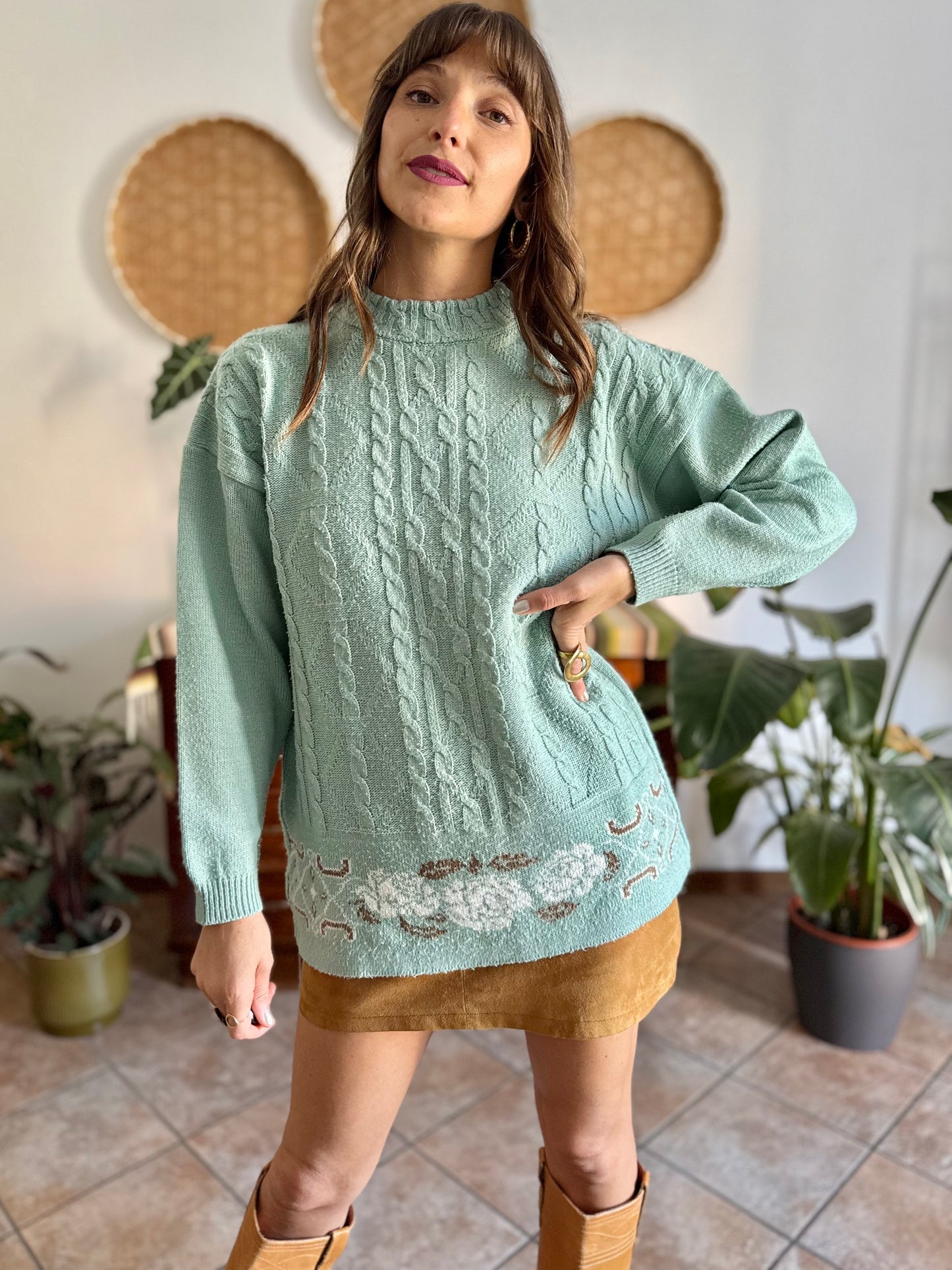 1980's vintage wool turquoise knit pullover with tan floral pattern